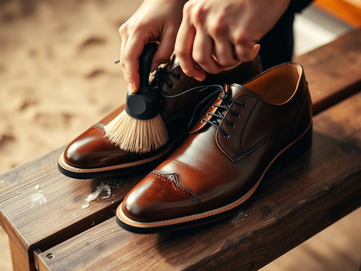 Leather shoes being cleaned and polished